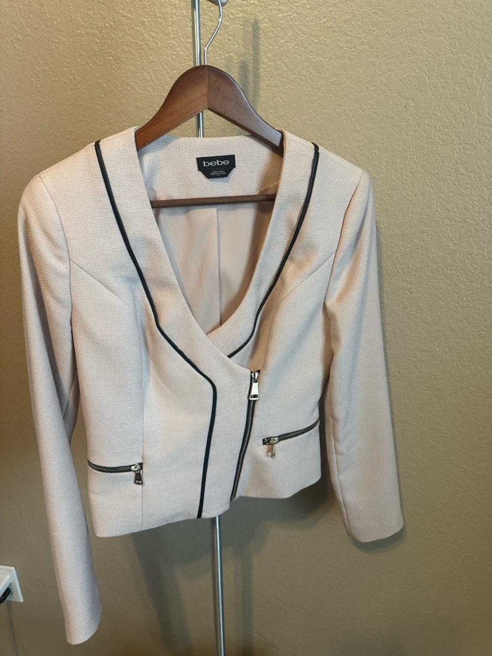 bebe Light Pink Cropped Blazer with Black Piping and Zip Accents